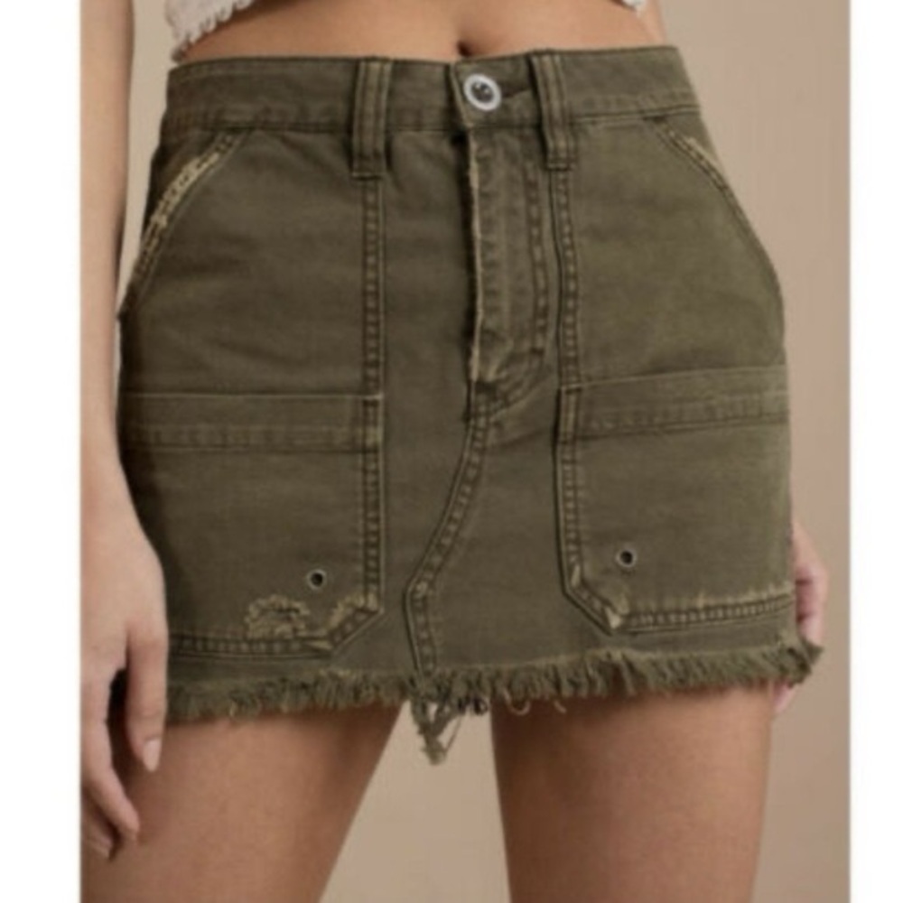 Free People Army Green Raw Hem Distressed Denim Cargo Mini Skirt - Picture 2 of 10